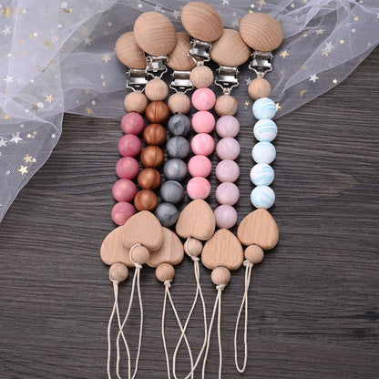 Baby Beech Pacifier Clips Heart Wood Silicone Pacifier Chain Baby Pacifier Clip Pendant Dummy Nipple Holder Anti-drop Accessory
