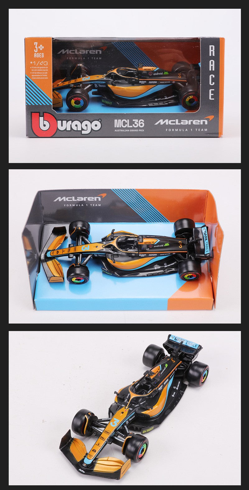 Burago 1:43 2022 McLaren MCL36 F1 Carro de Corrida N.º 3 N.º 4 Modelo de Carro em Liga