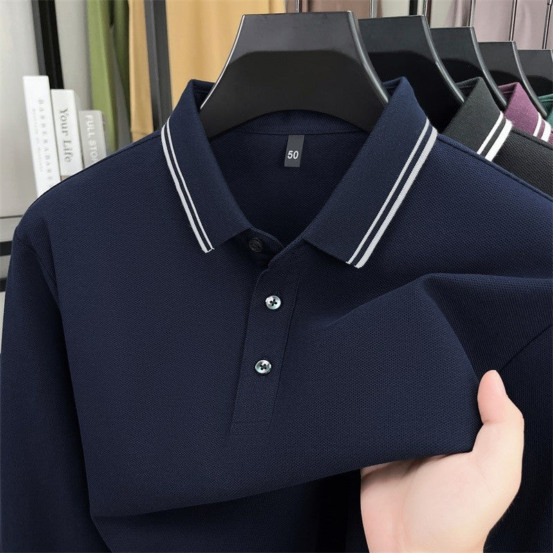 100% pure cotton high-quality long sleeve polo shirt men's autumn new style comfort casual luxury double striped lapel T-shirt