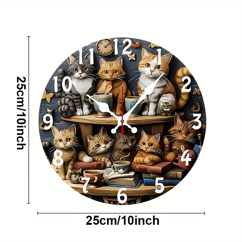 Cat Design Wooden Round Silent Hanging Wall Clock, Suitable For Living Room, Office, Study Room, Bedroom, Home Decoration