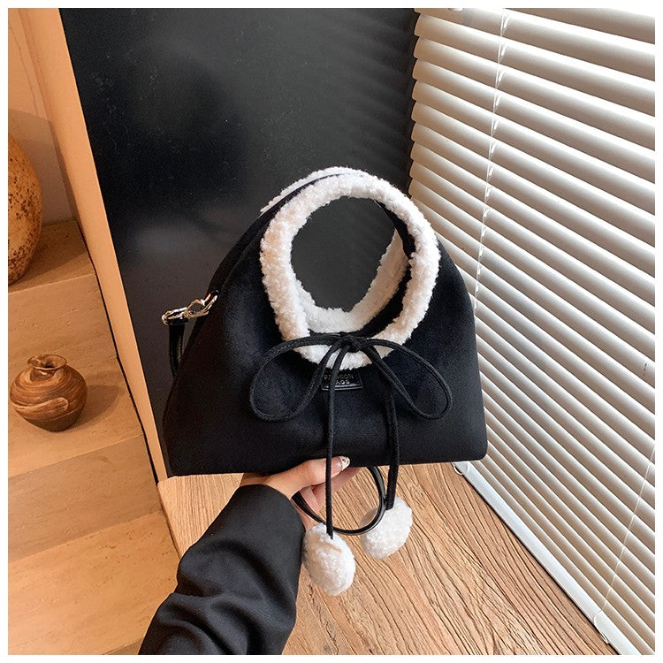 Faux Suede Solid Color Bow Hairy Cute Women's Handbags Christmas Gift Giving Fashion Bags 2025 Autumn/winter New Shoulder Bags