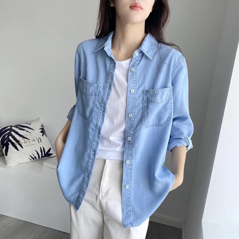 Autumn 2025 New Denim Shirts And Blouse For Women Korean Style Long Sleeve Top Blue Or Sky Blue Color Jeans Elegant Blouses