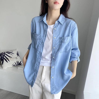 Autumn 2025 New Denim Shirts And Blouse For Women Korean Style Long Sleeve Top Blue Or Sky Blue Color Jeans Elegant Blouses