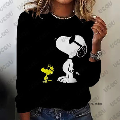 Autumn Winter New Cartoon Snoopy Print Women's Long Sleeve T-shirt Fashion O-neck Tees Casual Sweatshirt Oversize Female Clothes