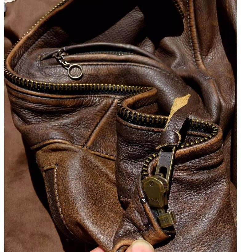YR!Wholesales.Retro 1930 quality natural cowhide jacket.Vintage brown genuine leather coat.Slim fit.Classic Rider leather cloth