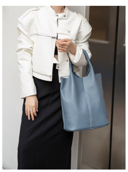 Genuine Grade Leather Women Commuter Tote Bag Ladies Soft Cowhide Tote Shoulder Handbag Large Female Bucket Bag Luxury Designer