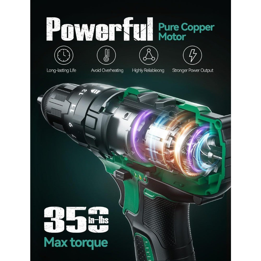 Conjunto de Furadeira de Impacto sem Fio 20V com 2 Baterias, Torque de 350 pol-lb, Mandril sem Chave de 3/8", 14 Peças de Brocas para Concreto e Madeira