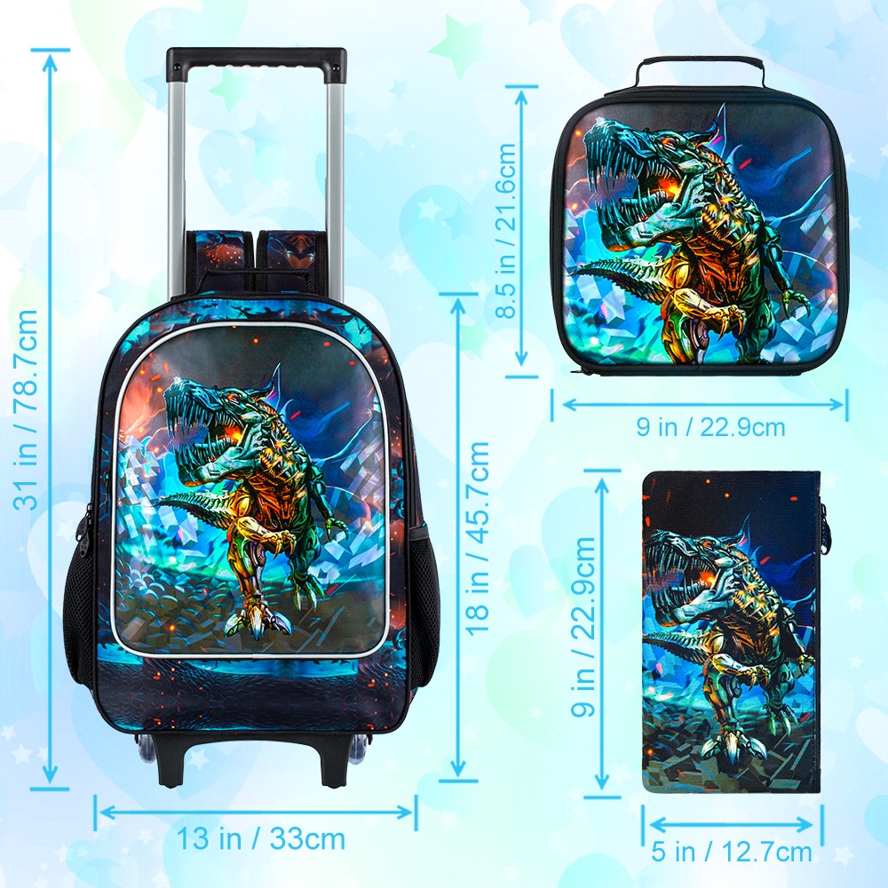 Mochila de rodinha 3 peças para meninos, mochila escolar de dinossauro com rodinhas, conjunto de malas escolares para crianças pequenas