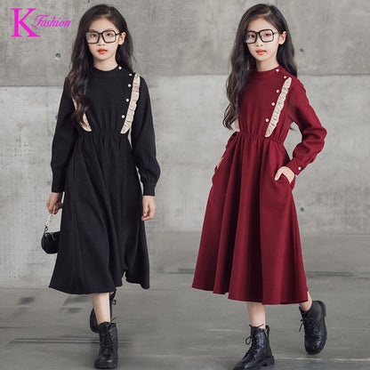Girls' Dress New Style For  Children Stand Collar Waist-Cinching Slimming Mid-Length Dress Long Sleeve For Kids 5-12Y
