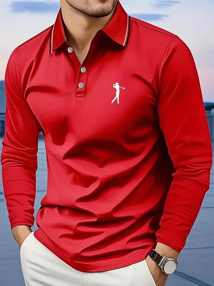 Breathable Men's Casual Long Sleeve Polo Shirt Comfortable Fit Graphic Print Stripes and Golf Player Graphic Men's Golf Shirt