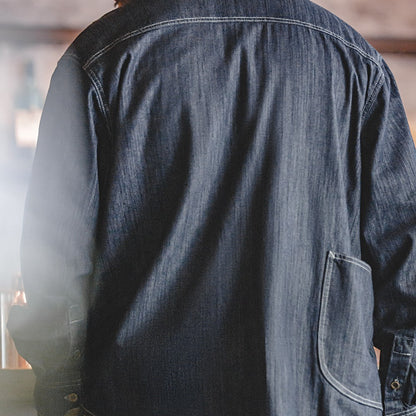 Maden Vintage Washed Pockets Denim Shirt for Men Casual Button Down Long Sleeve Shirt Male Loose Workwear Tops Large Pocket