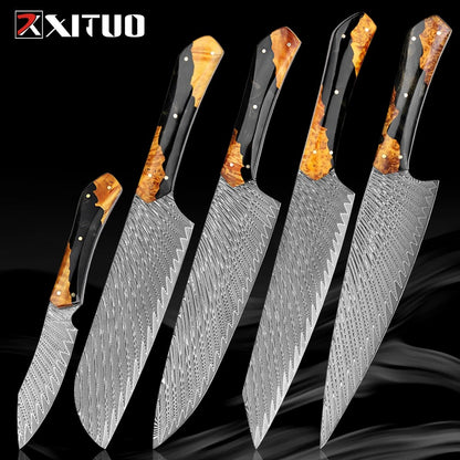 Conjunto de Facas de Chef XITUO Artesanais de Aço Damasco 1-5 peças, Facas de Cozinha Full Tang Extremamente Afiadas Santoku e Faca para Legumes, Cabo Ergonômico