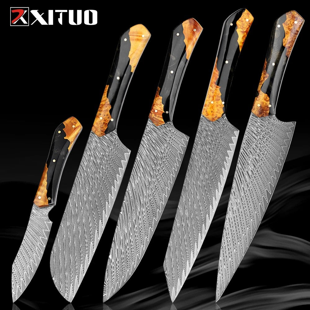 Conjunto de Facas de Chef XITUO Artesanais de Aço Damasco 1-5 peças, Facas de Cozinha Full Tang Extremamente Afiadas Santoku e Faca para Legumes, Cabo Ergonômico