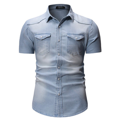 New Men's Fashion Short Sleeve Denim Shirt Soft Solid Color Slim Fit Cowboy Top for Men