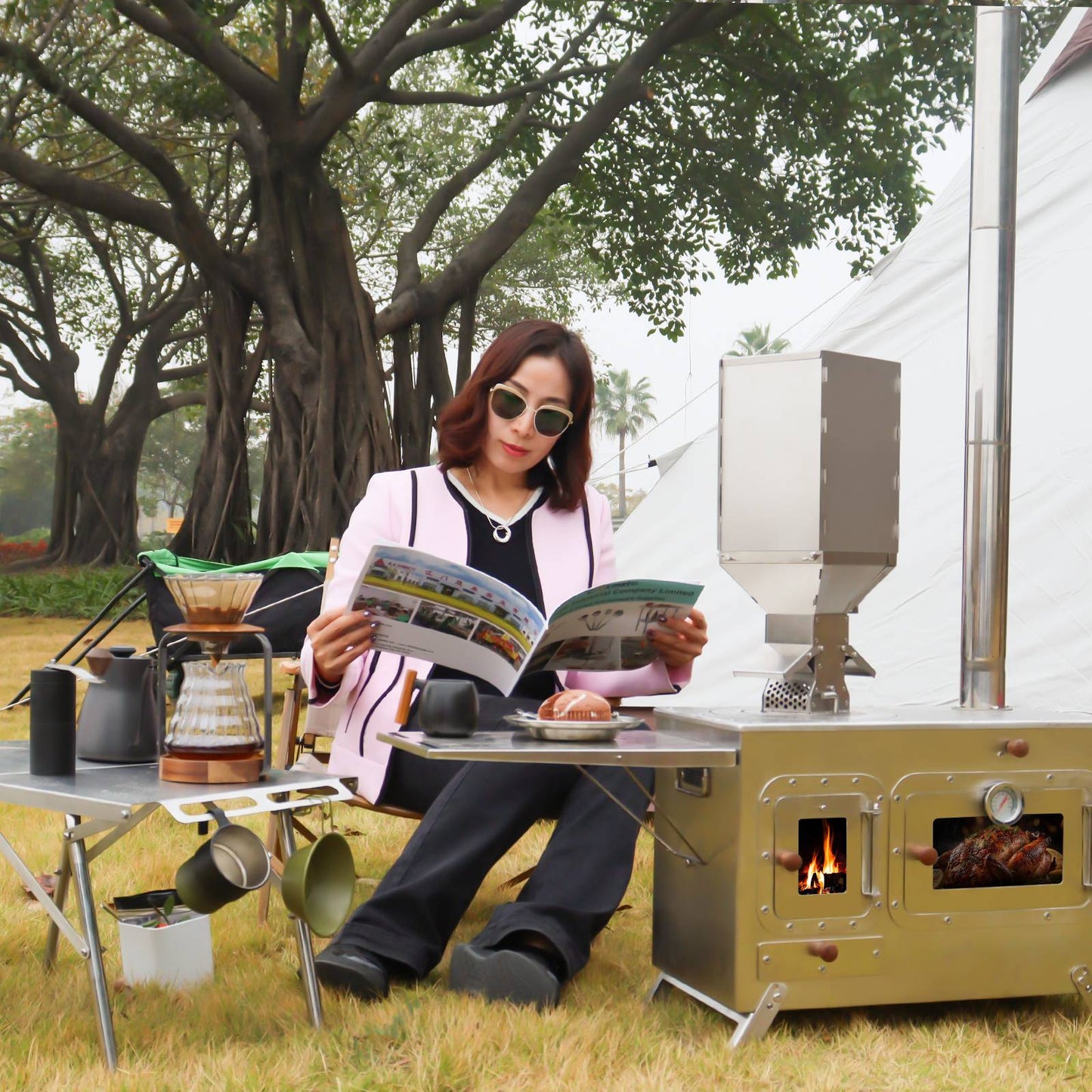 Fogão Multifuncional a Lenha para Acampamento Queimador Externo Portátil com Forno Barraca Fogão Caminhada Piquenique Churrasco Assar Aquecimento Pizza