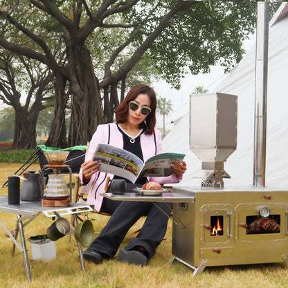 Fogão Multifuncional a Lenha para Acampamento Queimador Externo Portátil com Forno Barraca Fogão Caminhada Piquenique Churrasco Assar Aquecimento Pizza