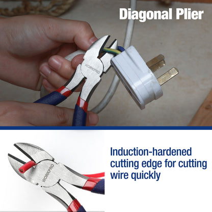 Conjunto de Alicates WORKPRO com 7 Peças (Bico Reto, Bico Longo, Universal, Eletricista e Corte Diagonal) para Trabalhos Manuais