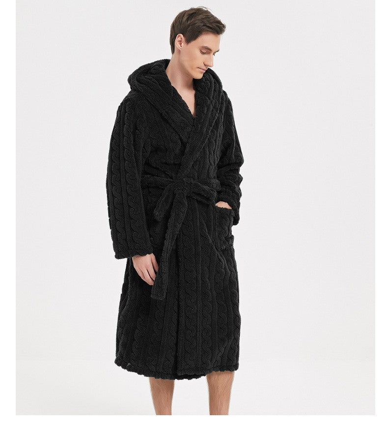 New American Cotton Velvet Jacquard Hooded Men's Dressing Gown with Fleece Thickened Autumn and Winter Couple Dressing Gown