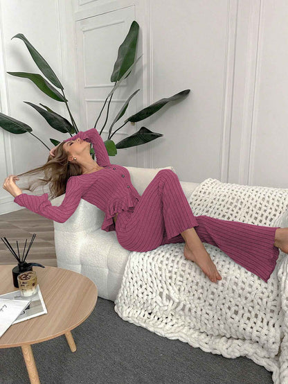 Home Wear Sexy V-neck Fashionable Length Pants Set Autumn Winter Comfortable Casual Slim Fit Women Two-piece Set pajama