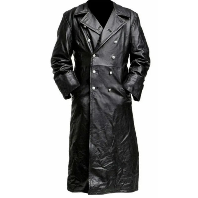 MEN'S GERMAN CLASSIC WW2 MILITARY UNIFORM OFFICER BLACK  LEATHER TRENCH COAT