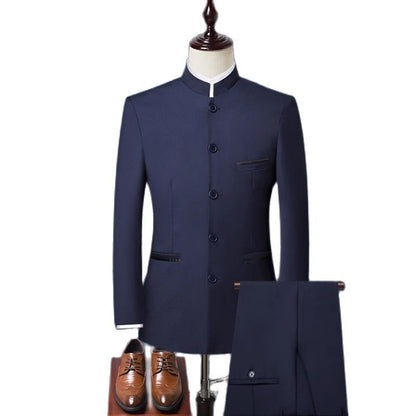 (Jacket+Pants) Men Fashion Simple Wedding Suit Black / Blue / Wine Red 2025 Homme Stand up Collar Business Social Dress 2Piece