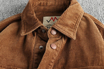 Autumn and winter thick wash corduroy long sleeve shirt men's retro trend cargo big pocket solid color casual coat