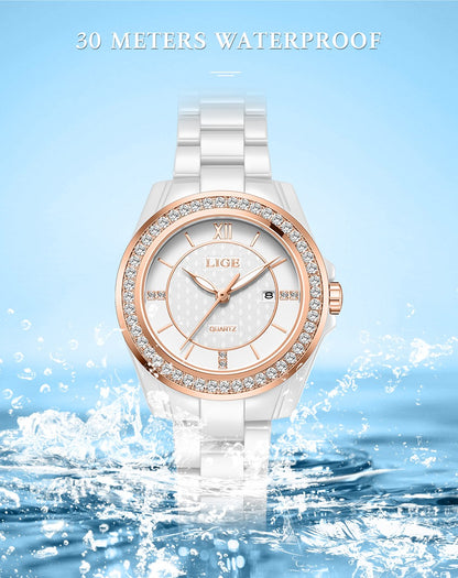 LIGE Fashion Quartz Watch for Women Stainless Steel Ceramics Strap Waterproof Women's Watches Elegant Luxury Ladies Wristwatch