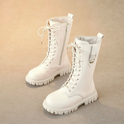 Elegant Zipper Baby Girl Casual Fashion Boots Autumn/winter Round Toe Warm Thick Sole Lace Comfortable Children's Midsole Boots