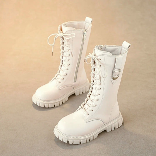 Elegant Zipper Baby Girl Casual Fashion Boots Autumn/winter Round Toe Warm Thick Sole Lace Comfortable Children's Midsole Boots