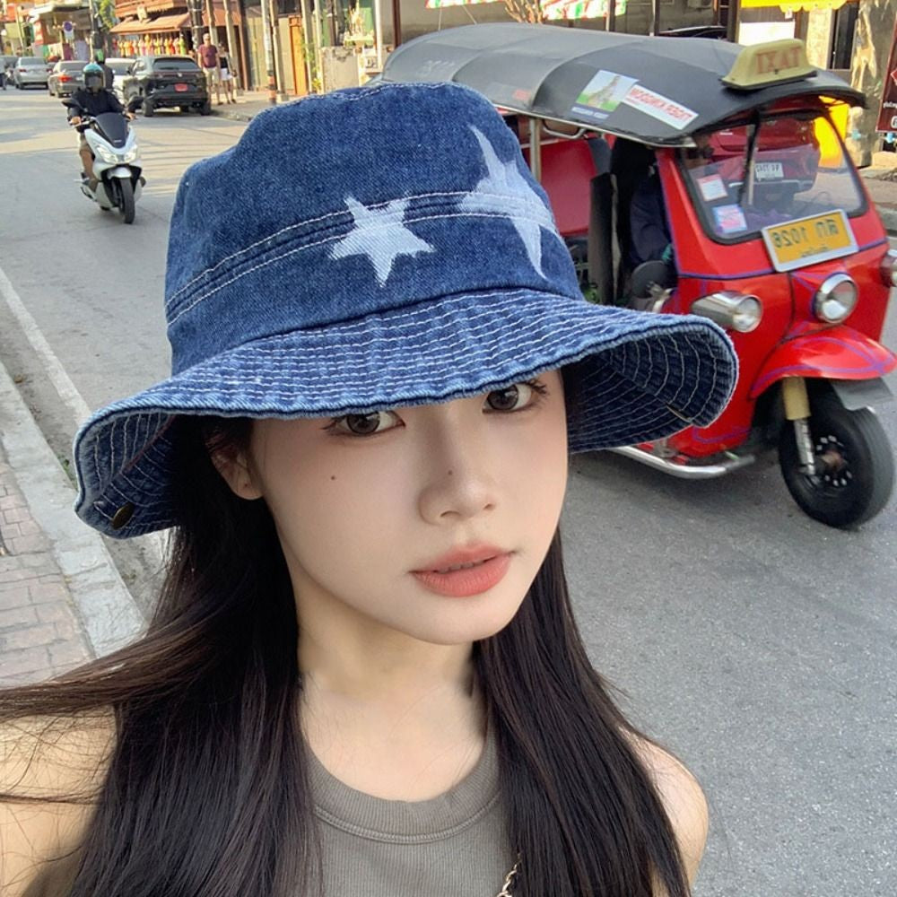 Kawaii Denim Star Fisherman Hat Wide Brim Y2K Outdoor Sun Hat Sunshade Adjustable Western Cowboy Hat Fishing