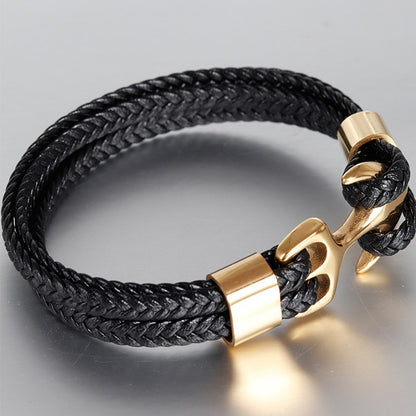 Pulseiras de Âncora Punk de Aço Inoxidável Pulseira de Couro Genuíno e Braceletes Masculinos Joias Pretas Presente de Moda