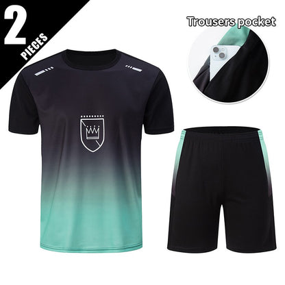2-Piece Men's Summer Quick drying Sports Suit Loose And Breathable Short Sleeved T-shirt Running And Fitness Black Pocket Shorts