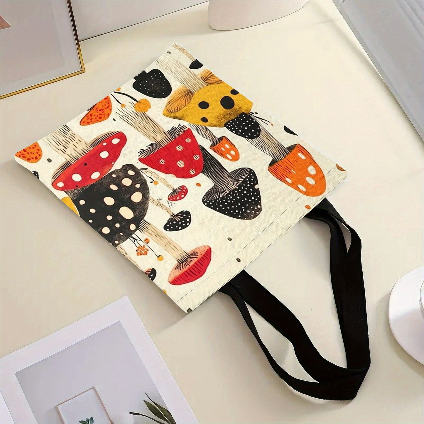 Chic Mushroom Print Canvas Tote Bag - Spacious & Durable Shoulder Bag for Shopping