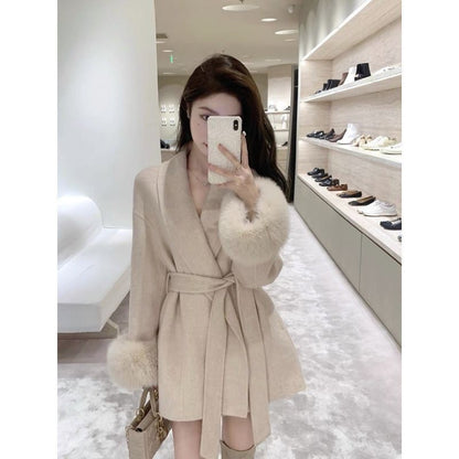 2025 Retro Elegant Lace Up Woolen Casual Overcoat Women Harajuku Loose Warm Plush Long-sleeved Autumn Fashion New Street Jacket