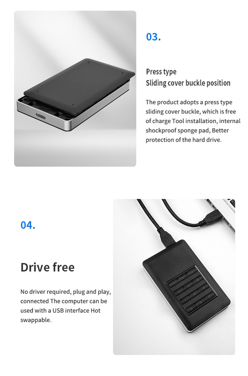 GODO M.2 MSATA Criptografia de hardware USB3.0 Criptografia de disco completo Instalação sem ferramentas com senha Caixa de disco rígido móvel 2,5" Sata