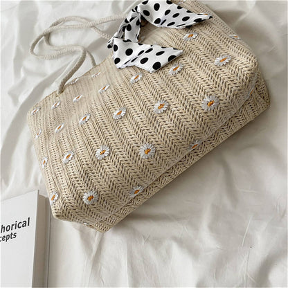 New Fashion Straw Shoulder Bags Fashion Large-Capacity Silk Scarf Tote Bag Beach Bag Women Shopping