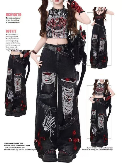 Y2K Red Gothic Hip-Hop Hole Vintage Jeans Girl High Street Trend American Baggy Wash Overall Belt Splicing Woman Wide-leg Pants