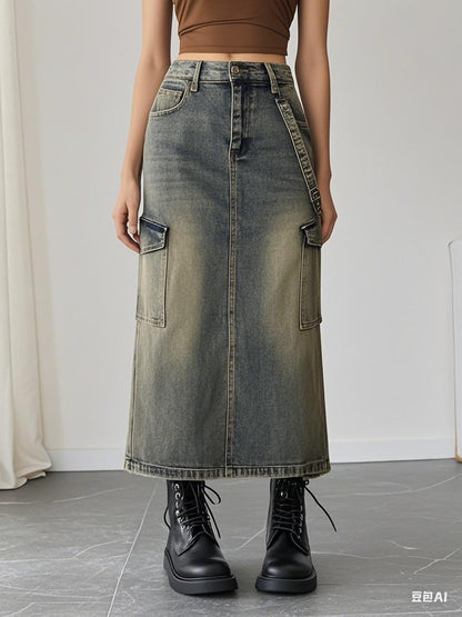 Modern Office Style Women's Denim Maxi Skirt High Waist Long Jean Pants Minimalist Workwear Fashion Clothing