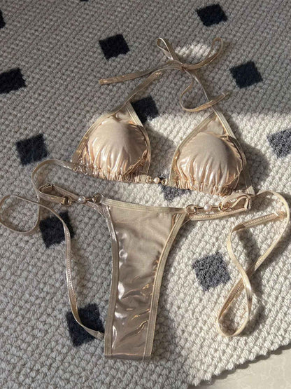 Shiny Pink Micro Bikini 2025 Mujer Women Sexy PU Pearls Push Up Thong Swimsuit Summer Bathing Suit Bandage Holiday Swimwear