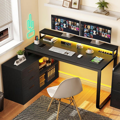 Mesa de computador para jogos em L com gavetas para arquivos para escritório em casa