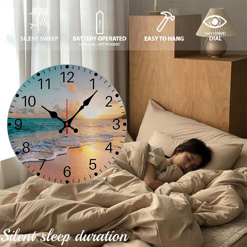 The Beach Wooden Round Silent Hanging Wall Clock, Suitable For Living Room, Office, Study Room, Bedroom, Home Decoration