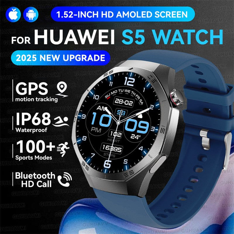Smartwatch GUHUAVMI GT5 Pro 2025 Masculino com Tela HD AMOLED, GPS, Monitor de Trajetória de Movimento, Frequência Cardíaca, Chamada Bluetooth e 1.52", IP68