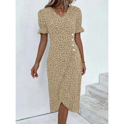 Elegant Floral Pleated H shaped Midi Dress Female V Neck Puff Sleeve Waist Ruche