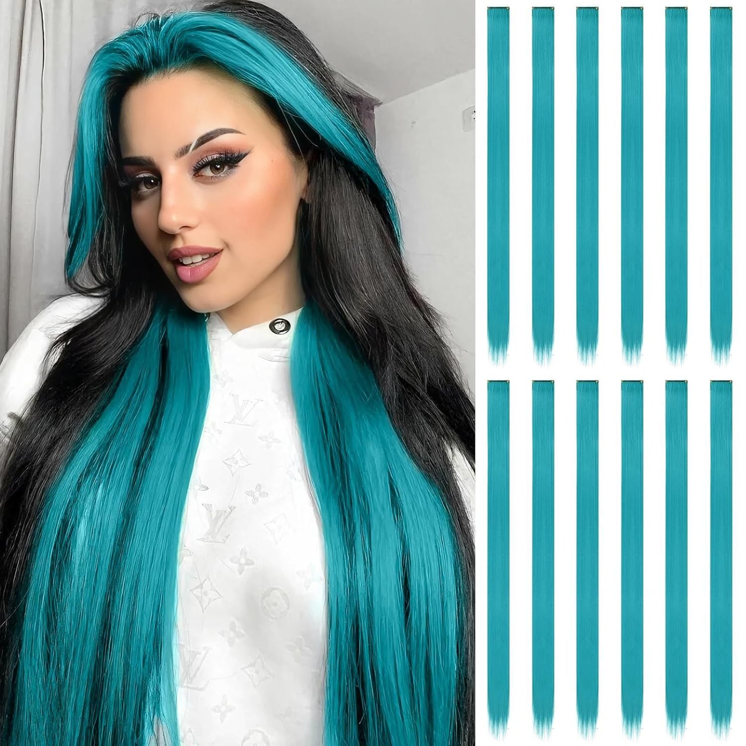 12 PCS Teal Blue Hair Extensions Clip in, Colored Party Highlights Extension for Kids Girls Synthetic Hairpiece Straight 22 inch