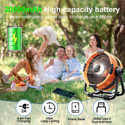 Camping Fan 20000mAh Rechargeable Portable Outdoor Camping Fan Air Circulators Wireless Tent Ceiling Fans with Hook and Light