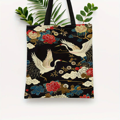 Japanese-Inspired Tote Bag with Crane And Floral Print, No Closure, Unlined, Durable Reusable Shopping Bag