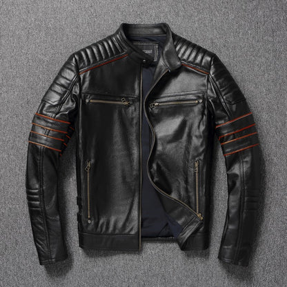 Men's Spring Original Leather Motorcycle Jacket 2025 Skull Embroidery Top Layer Cowhide Clothing Slim Fit Black Slim Male Coat