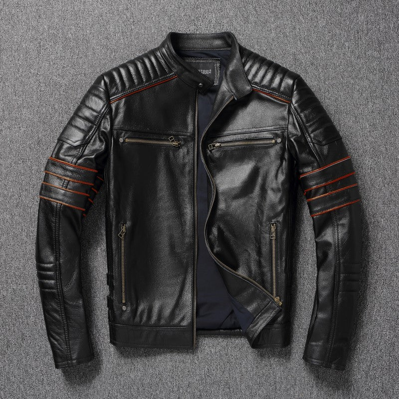 Men's Spring Original Leather Motorcycle Jacket 2025 Skull Embroidery Top Layer Cowhide Clothing Slim Fit Black Slim Male Coat