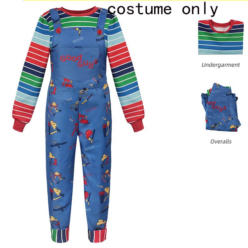 Adult Chucky Cosplay Costume with Striped Shirt and Jumpsuit for Chucky Overalls Halloween Costumes