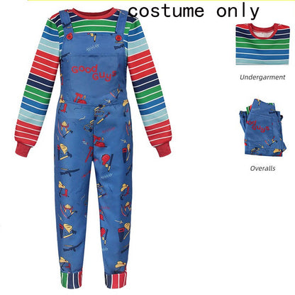 Adult Chucky Cosplay Costume with Striped Shirt and Jumpsuit for Chucky Overalls Halloween Costumes